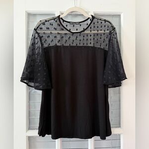 Kim & Cami Women’s XL Black Sheer Mesh Black Polka Dot Bell Sleeve Blouse